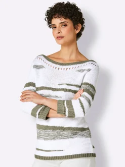 Pullover| 3/4 Arm-Pullover weiß-khaki-gemustert