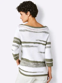 Pullover| 3/4 Arm-Pullover weiß-khaki-gemustert