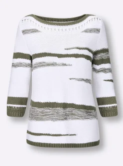 Pullover| 3/4 Arm-Pullover weiß-khaki-gemustert