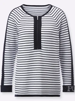 Pullover| 3/4 Arm-Pullover in 3D-Optik schwarz-weiß-geringelt