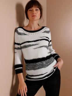 Pullover|CREATION L PREMIUM 3/4 Arm-Pullover mit platziertem Lochmuster weiß-schwarz-gemustert