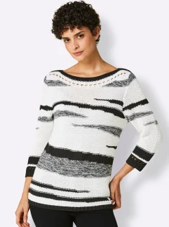 Pullover|CREATION L PREMIUM 3/4 Arm-Pullover mit platziertem Lochmuster weiß-schwarz-gemustert