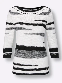 Pullover|CREATION L PREMIUM 3/4 Arm-Pullover mit platziertem Lochmuster weiß-schwarz-gemustert