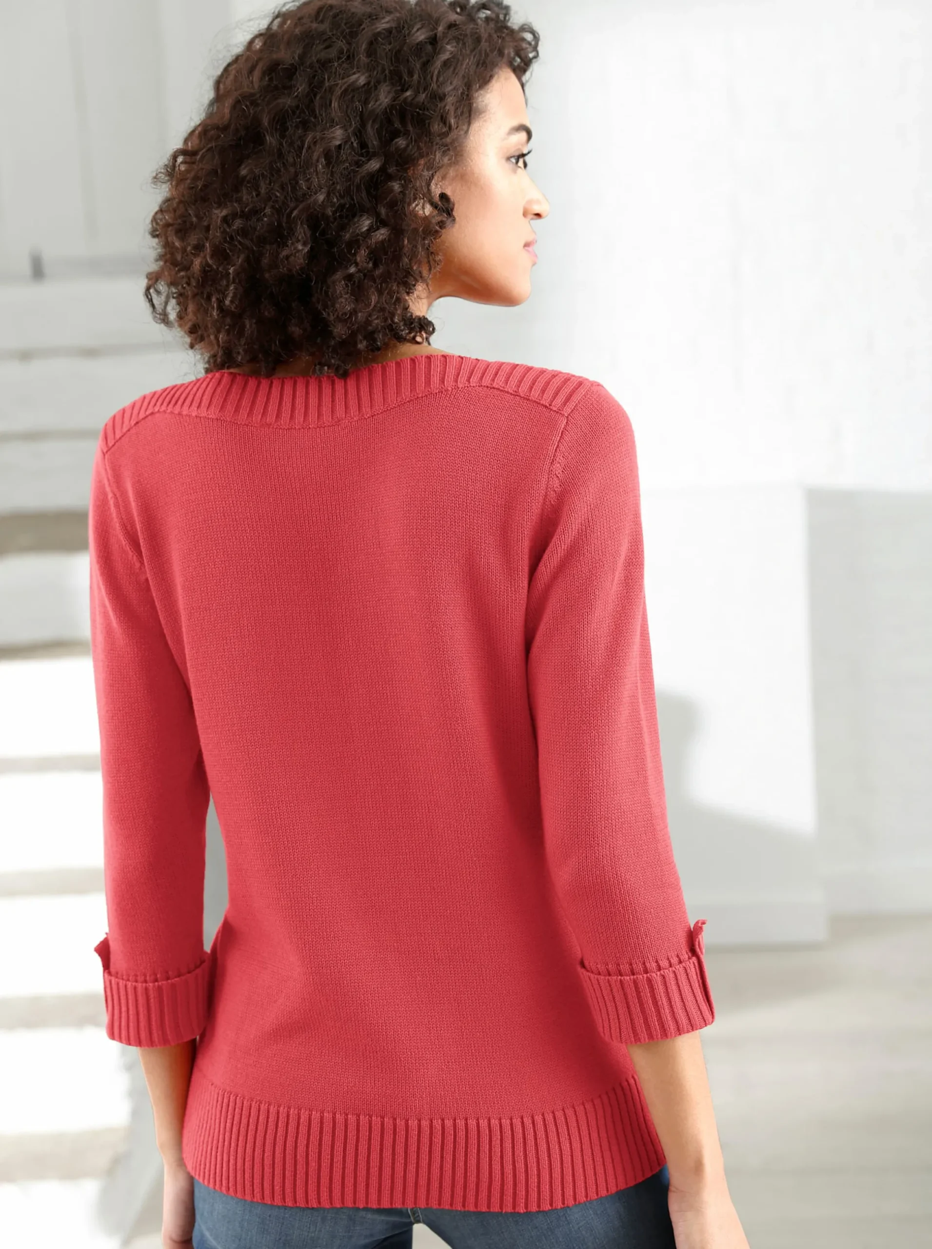 Pullover| 3/4 Arm-Pullover mit Zierriegel am Ärmel korallenrot