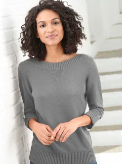 Pullover| 3/4 Arm-Pullover mit Zierriegel am Ärmel grau-meliert