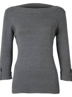 Pullover| 3/4 Arm-Pullover mit Zierriegel am Ärmel grau-meliert