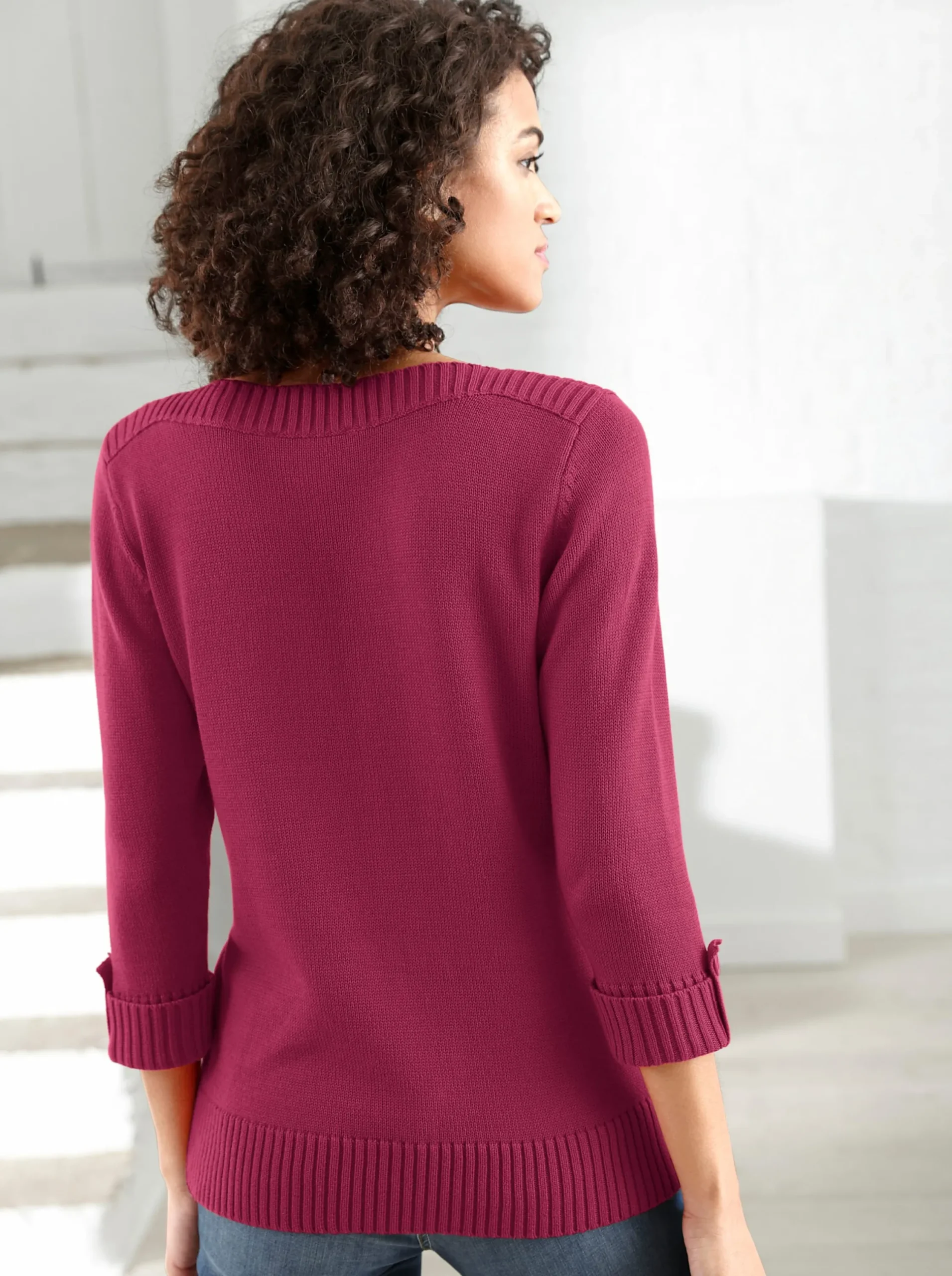 Pullover| 3/4 Arm-Pullover mit Zierriegel am Ärmel fuchsia