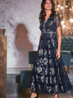 Abendkleider|Kleider|heine Abendkleid mit glänzender Blütenstickerei marine