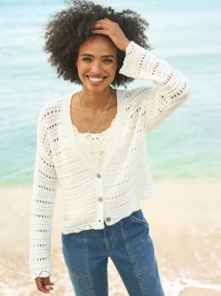 Strickjacken|heine Ajourstrickjacke aus reiner Baumwolle ecru