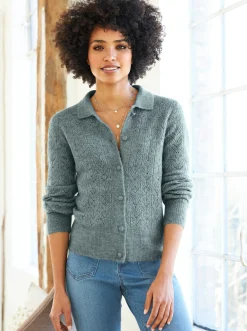 Strickjacken|heine Ajourstrickjacke mit Hemdkragen jade-meliert