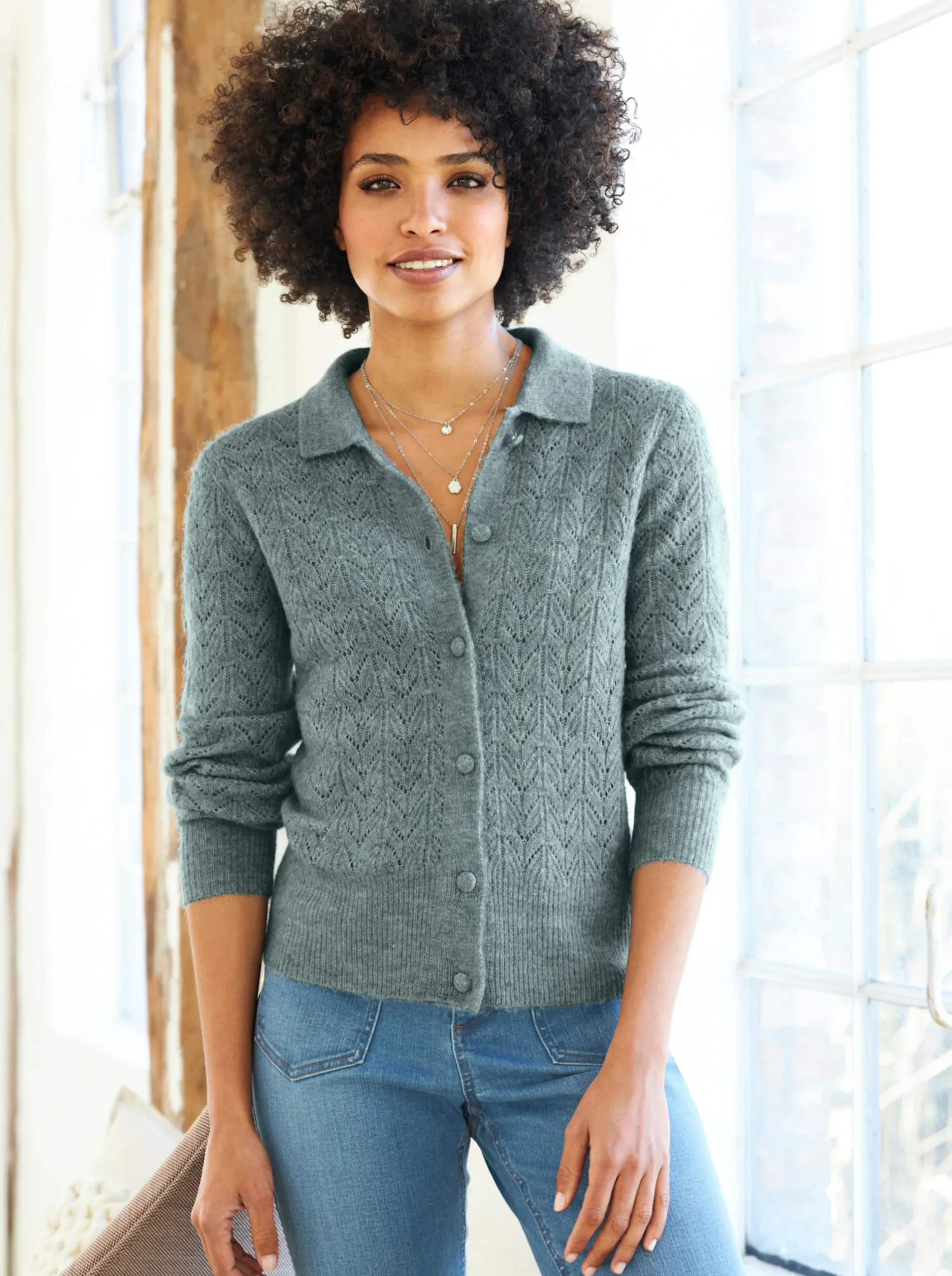 Strickjacken|heine Ajourstrickjacke mit Hemdkragen jade-meliert