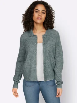 Strickjacken|heine Ajourstrickjacke mit Hemdkragen jade-meliert