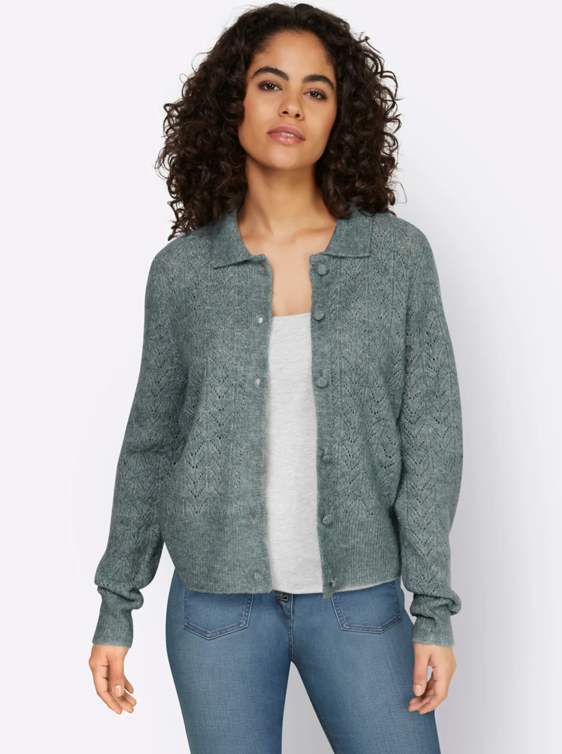 Strickjacken|heine Ajourstrickjacke mit Hemdkragen jade-meliert