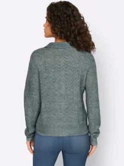 Strickjacken|heine Ajourstrickjacke mit Hemdkragen jade-meliert