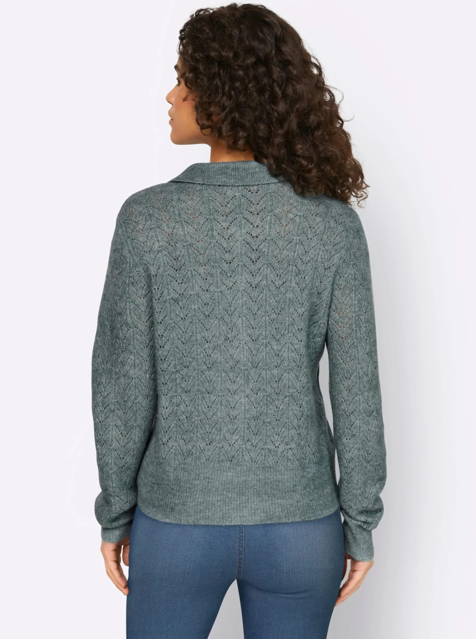 Strickjacken|heine Ajourstrickjacke mit Hemdkragen jade-meliert