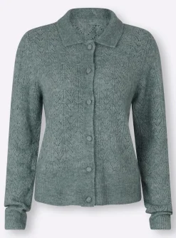 Strickjacken|heine Ajourstrickjacke mit Hemdkragen jade-meliert