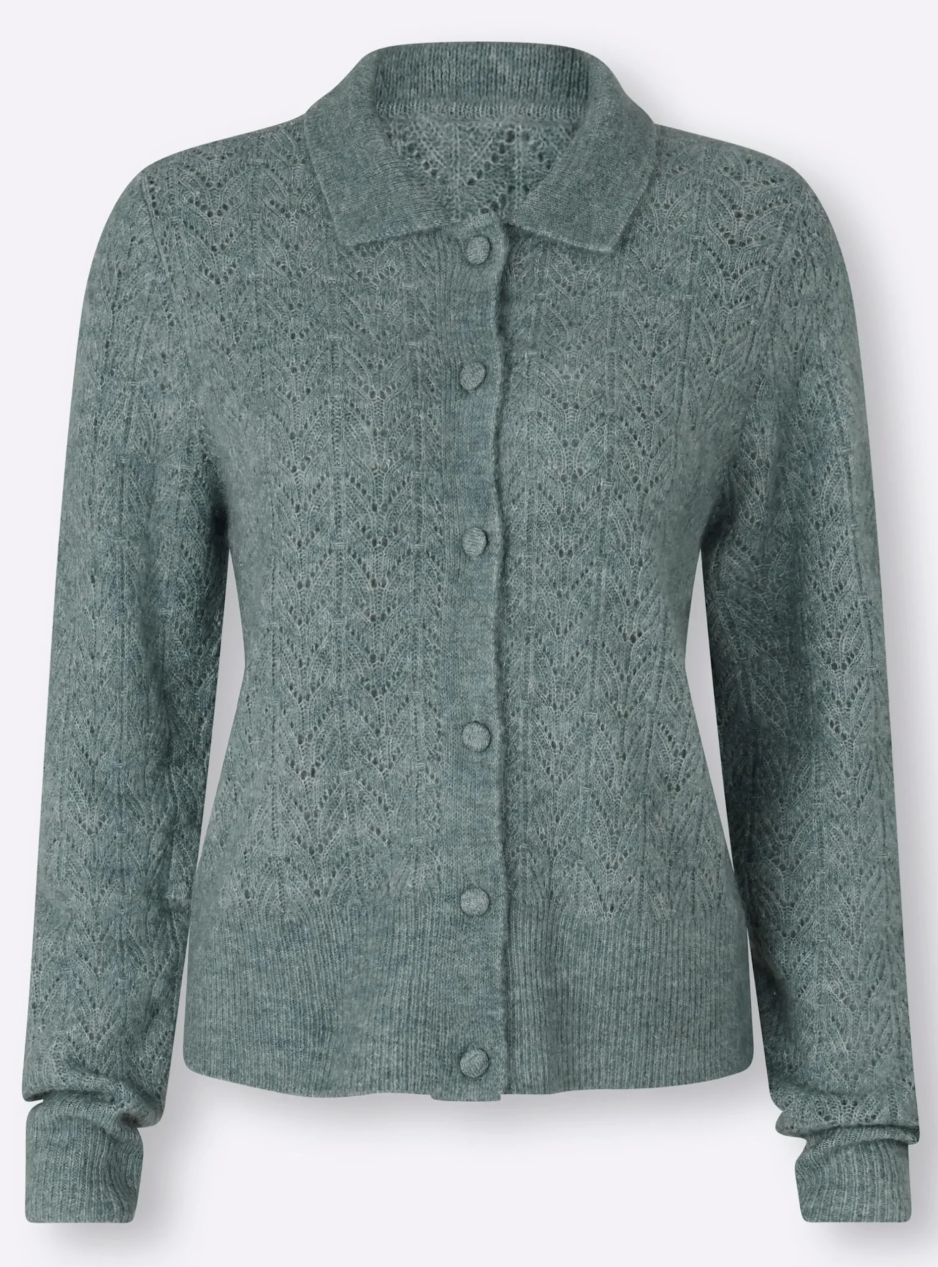 Strickjacken|heine Ajourstrickjacke mit Hemdkragen jade-meliert