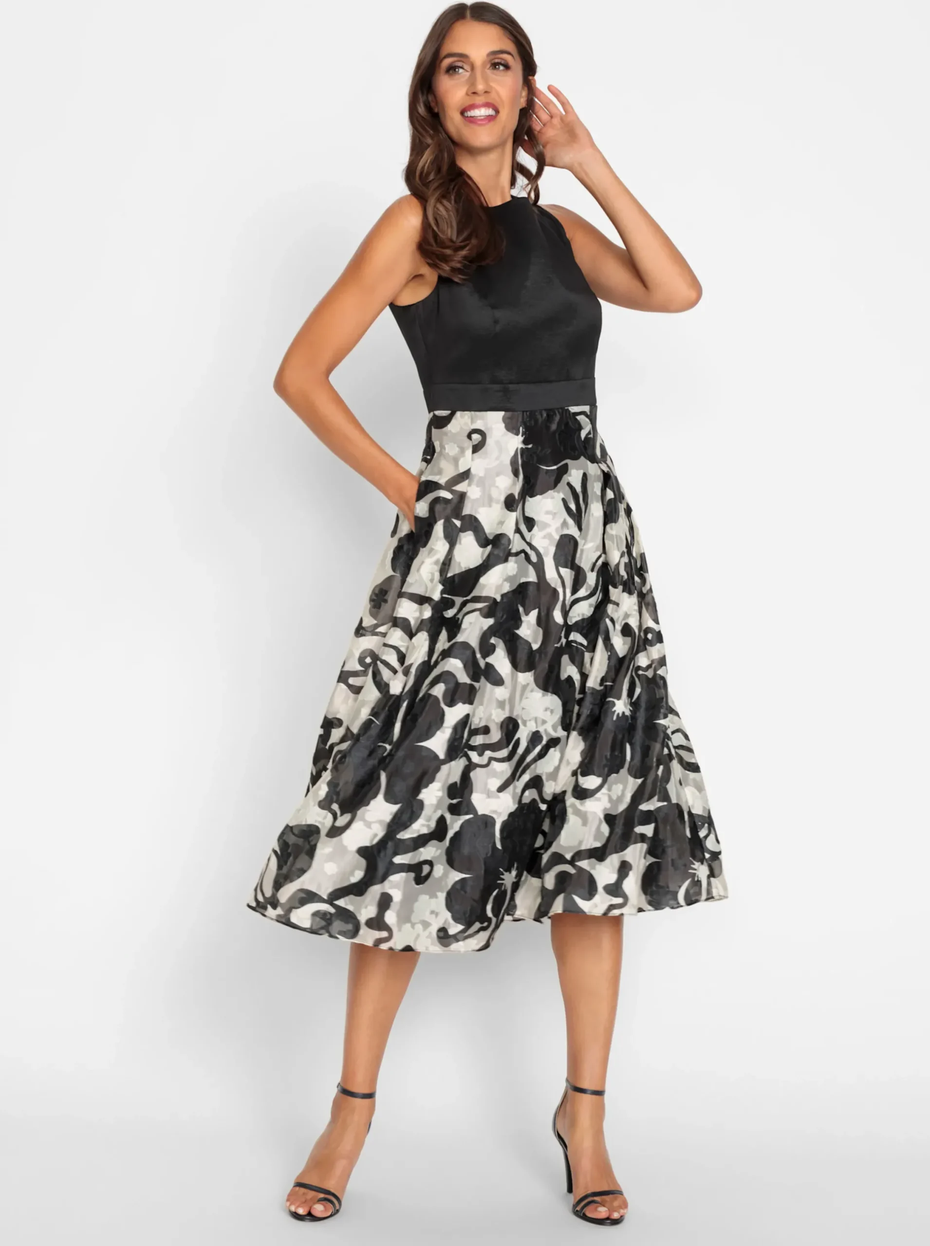 Abendkleider|heine A-Linien-Kleid schwarz-champagner-bedruckt