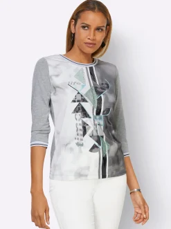 Shirts| 3/4-Arm-Shirt steingrau-weiß-bedruckt