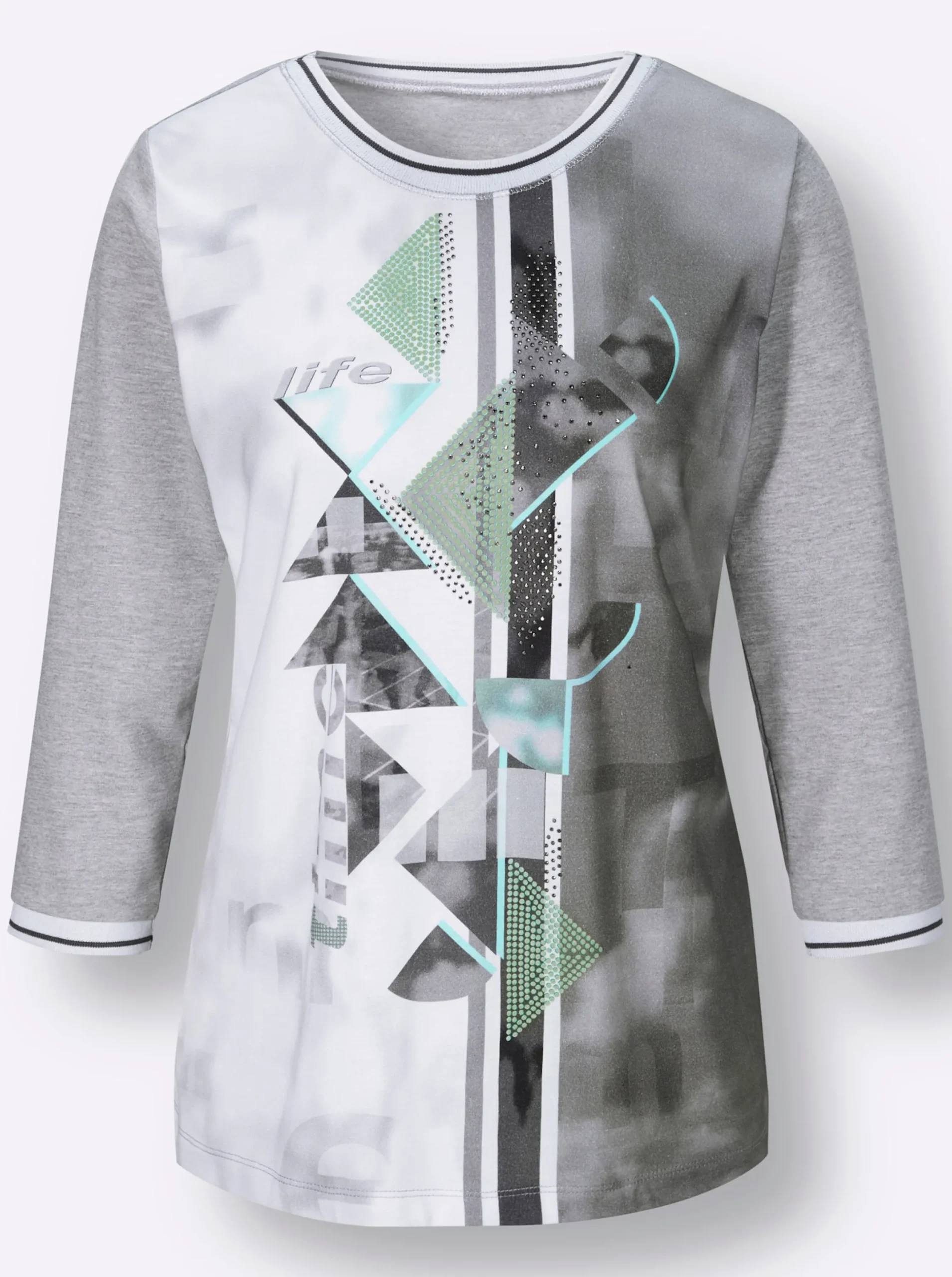 Shirts| 3/4-Arm-Shirt steingrau-weiß-bedruckt