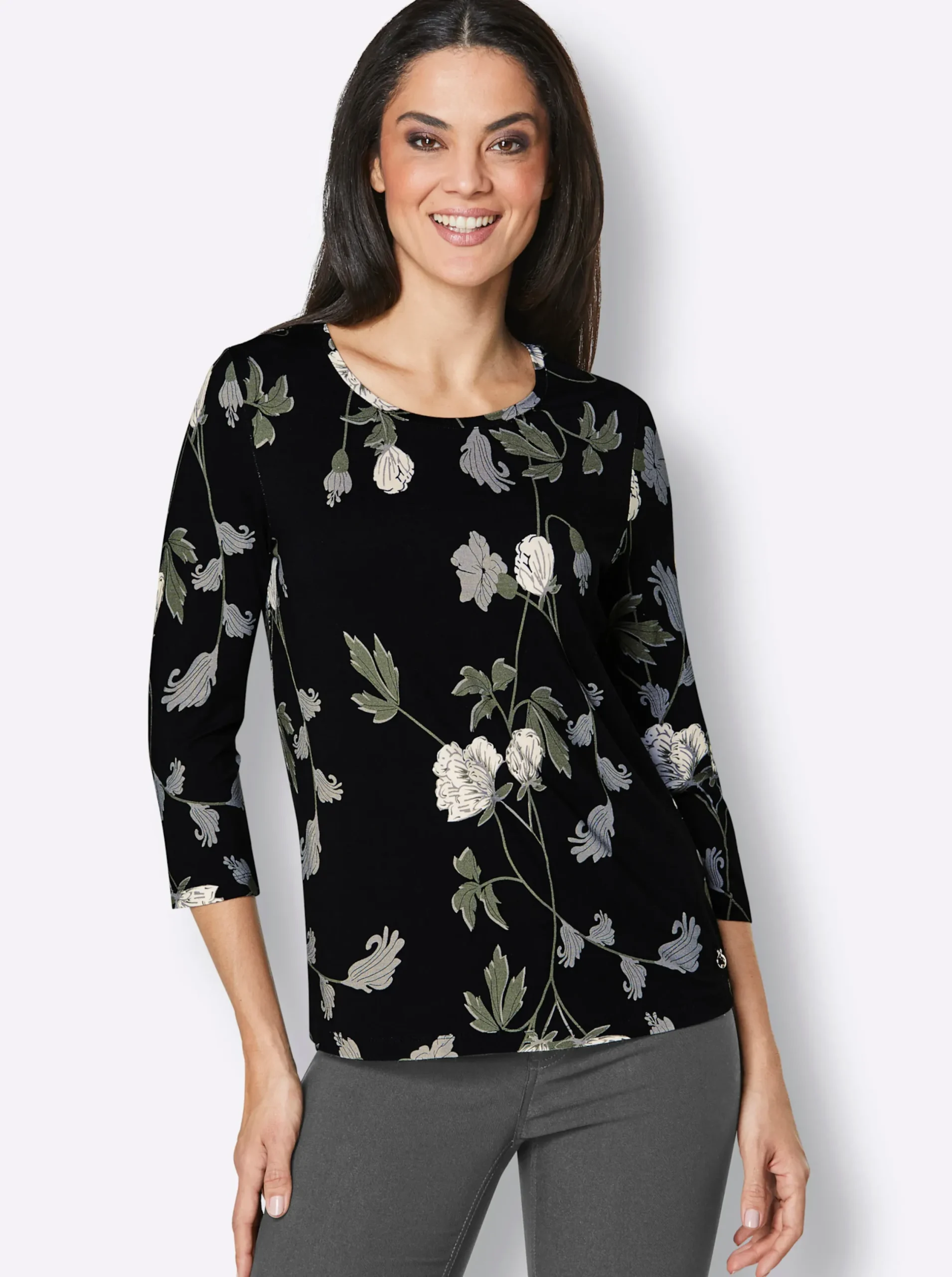 Shirts|CREATION L PREMIUM 3/4-Arm-Shirt schwarz-khaki-bedruckt