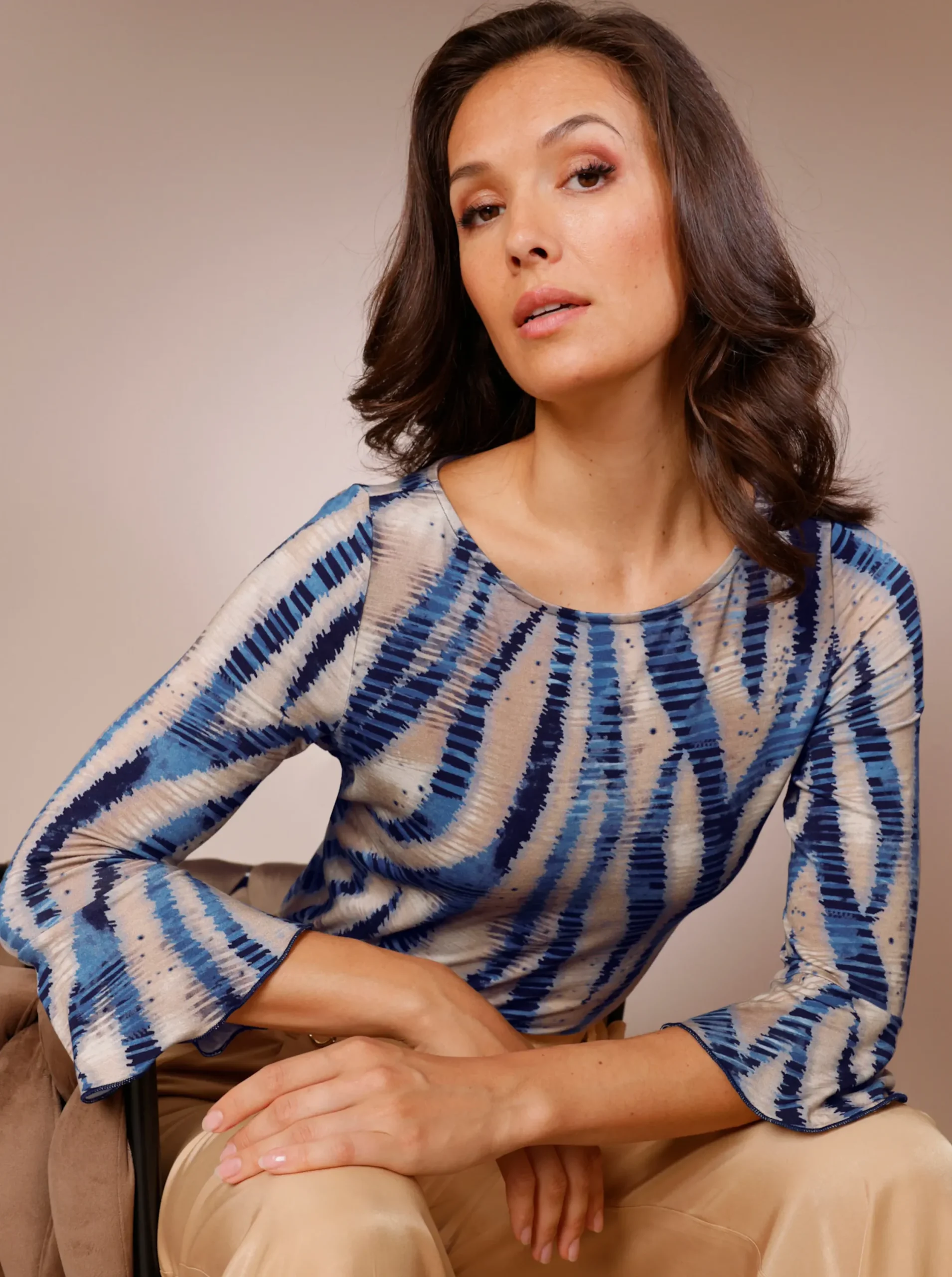Shirts|CREATION L PREMIUM 3/4-Arm-Shirt im hochwertigen Digitaldruck champagner-marine-bedruckt