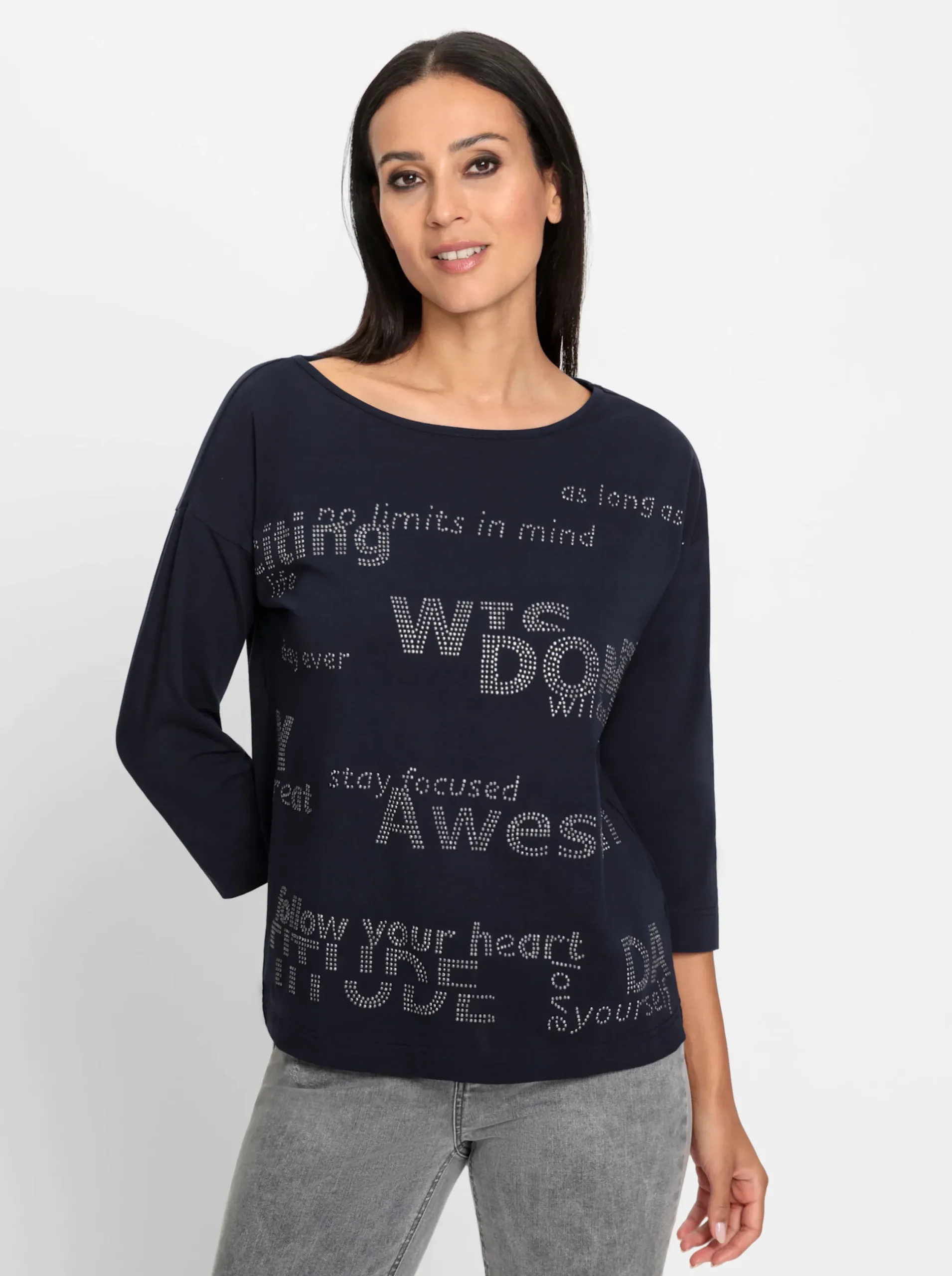 Shirts|heine 3/4-Arm-Shirt mit Glitzersteinchen-Schriftzug marine