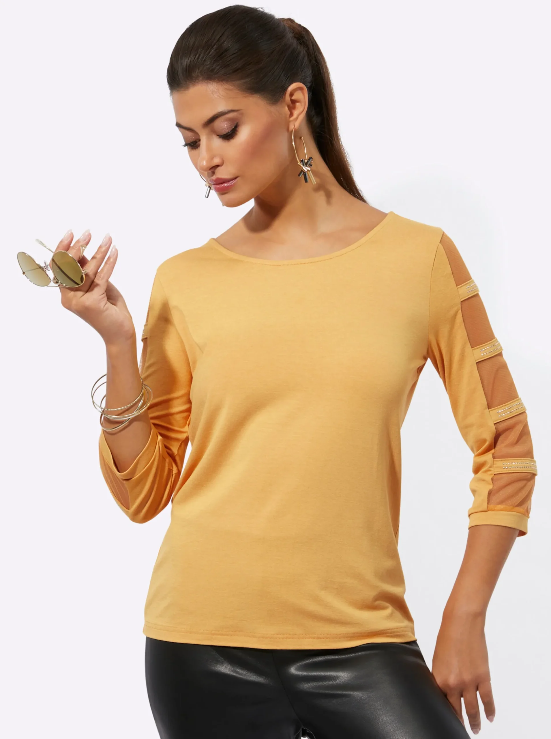 Shirts| 3/4-Arm-Shirt mit transparenten Einsätzen ocker