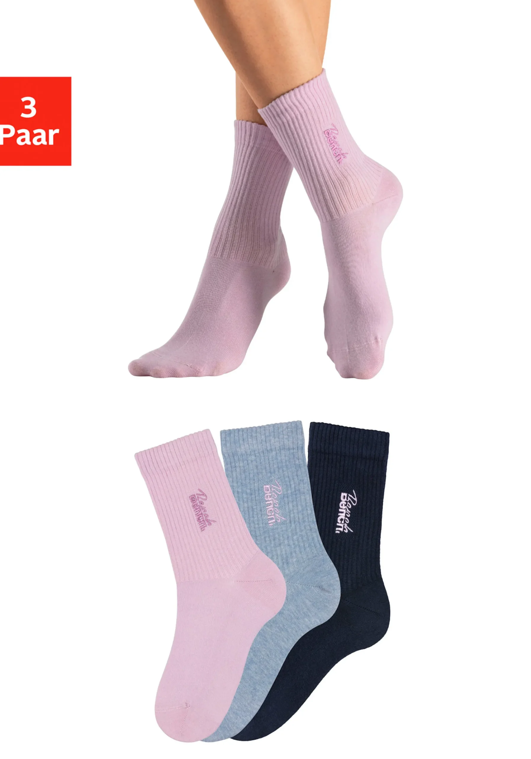 Strümpfe & Socken|Bench. Basicsocken 1xmarine,1xhellblau-meliert,1xrosa