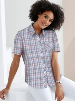 Blusen| Baumwollbluse aus Seersucker jeansblau-kariert