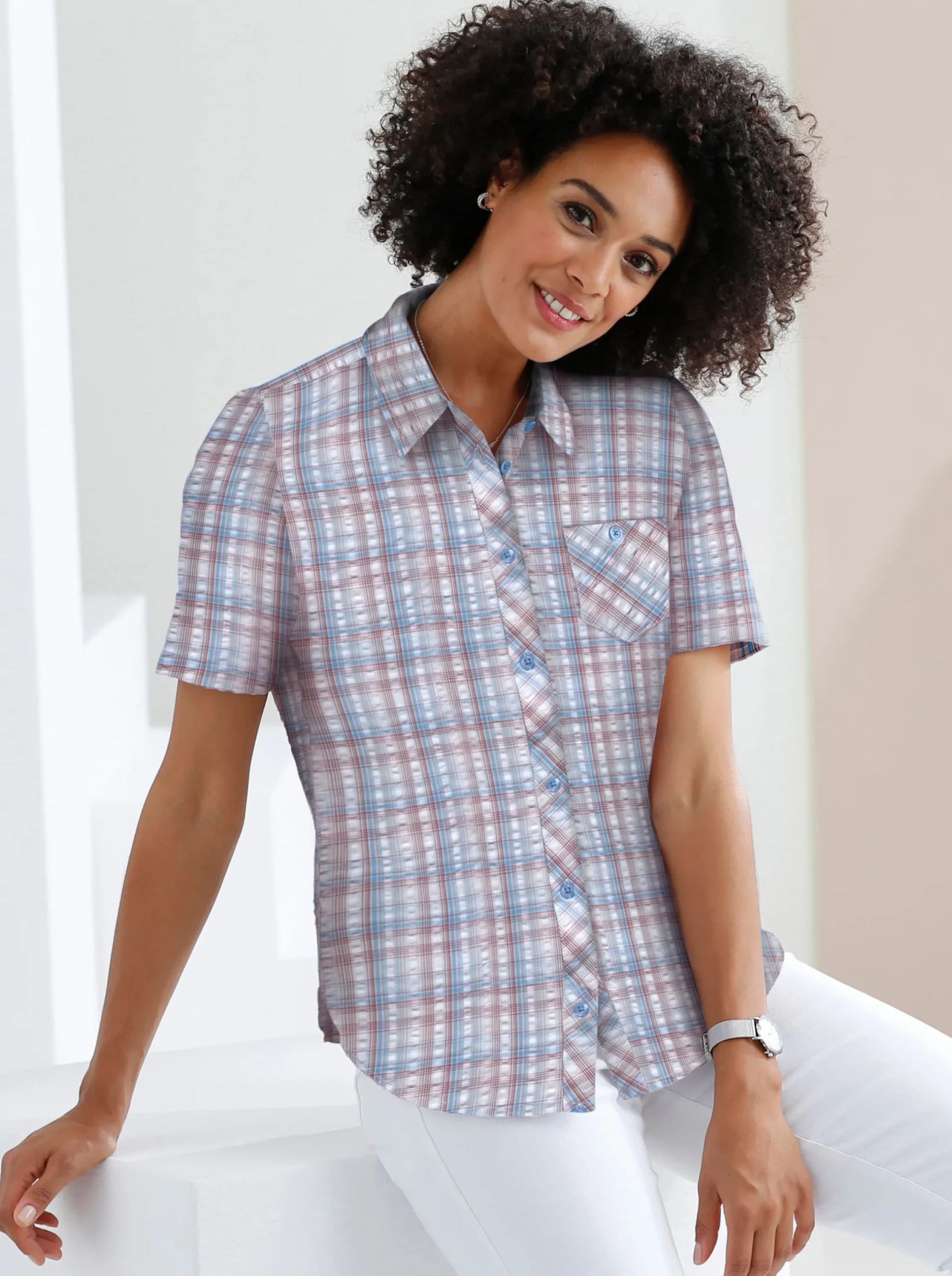 Blusen| Baumwollbluse aus Seersucker jeansblau-kariert