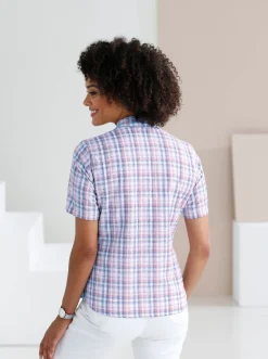 Blusen| Baumwollbluse aus Seersucker jeansblau-kariert