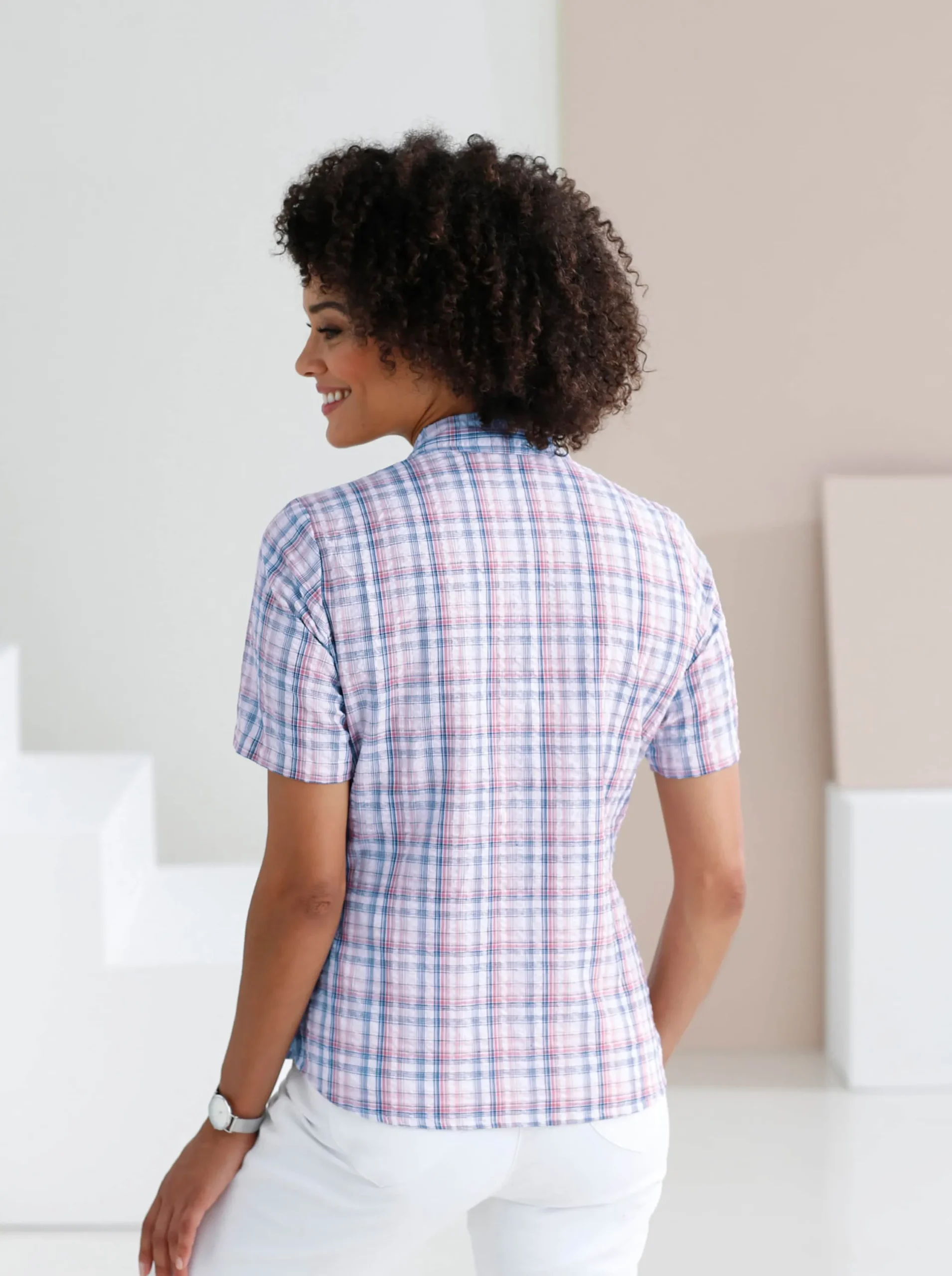 Blusen| Baumwollbluse aus Seersucker jeansblau-kariert