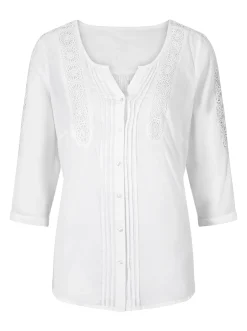 Blusen| Baumwollbluse mit Biesen und Spitzen-Details weiß