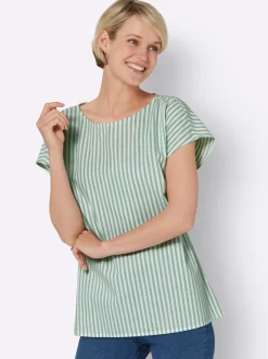 Blusen| Baumwollbluse mit garngefärbten Streifen eucalyptus-gestreift
