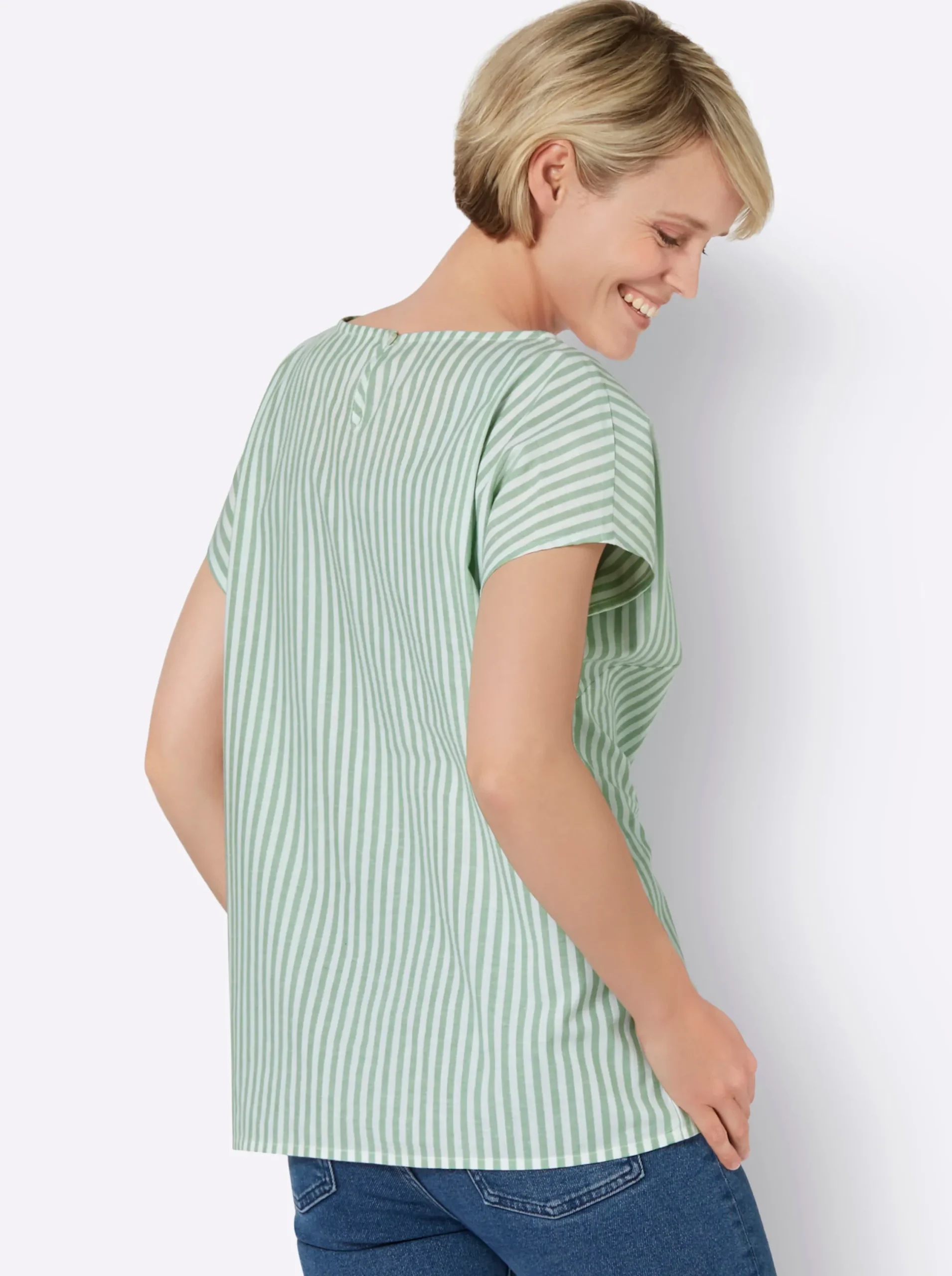 Blusen| Baumwollbluse mit garngefärbten Streifen eucalyptus-gestreift