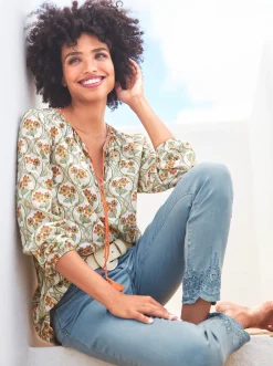 Blusen|heine Baumwollbluse mit geflochtenen Bändern champagner-orange-bedruckt