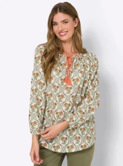 Blusen|heine Baumwollbluse mit geflochtenen Bändern champagner-orange-bedruckt