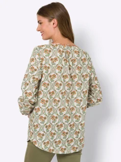 Blusen|heine Baumwollbluse mit geflochtenen Bändern champagner-orange-bedruckt