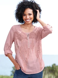 Blusen|heine Baumwollbluse mit Lochstickerei rosenquarz