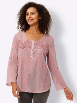 Blusen|heine Baumwollbluse mit Lochstickerei rosenquarz