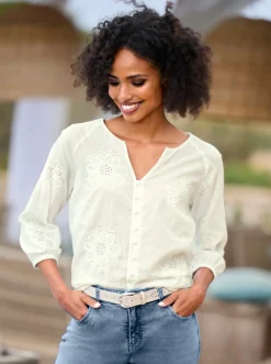 Blusen|heine Baumwollbluse mit Lochstickerei ecru
