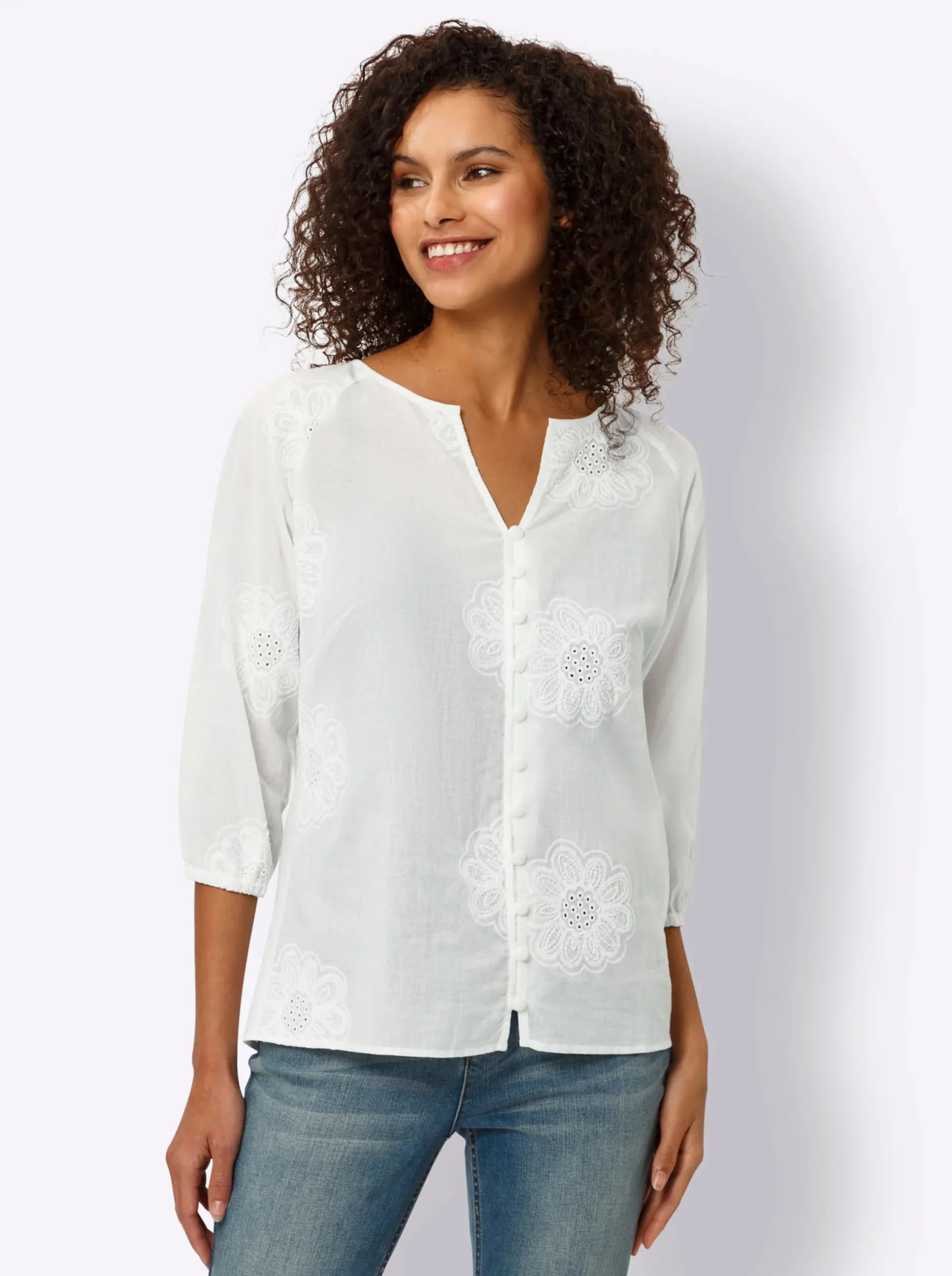 Blusen|heine Baumwollbluse mit Lochstickerei ecru