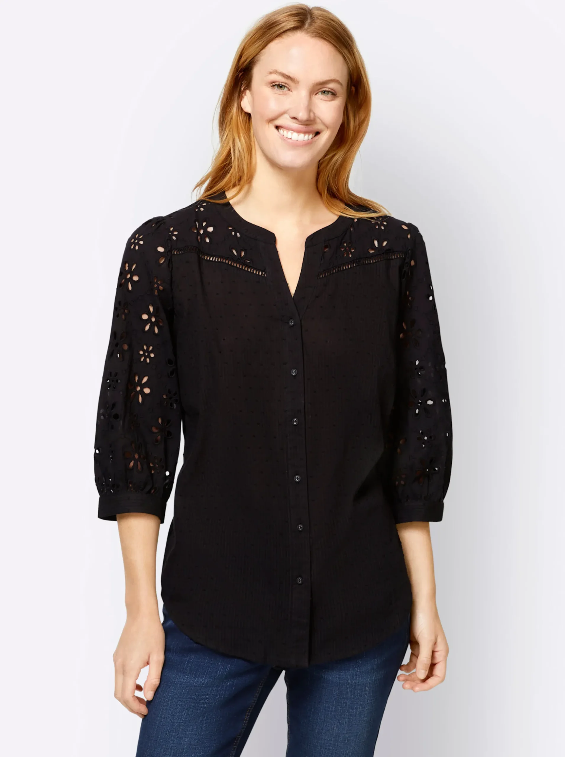 Strandmode|heine Baumwollbluse mit Lochstickerei schwarz