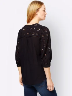 Strandmode|heine Baumwollbluse mit Lochstickerei schwarz