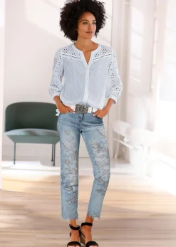 Blusen|heine Baumwollbluse mit Lochstickerei hellblau