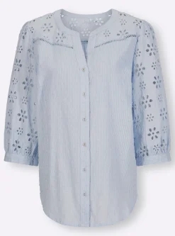 Blusen|heine Baumwollbluse mit Lochstickerei hellblau