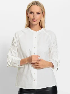 Blusen|heine Baumwollbluse mit raffbarem Ärmel weiß