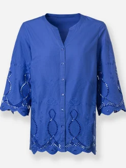 Blusen| Baumwollbluse mit 3/4-Ärmeln royalblau