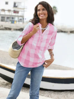 Shirts| Baumwollbluse mit Stehkragen, kariert pink-weiß-kariert